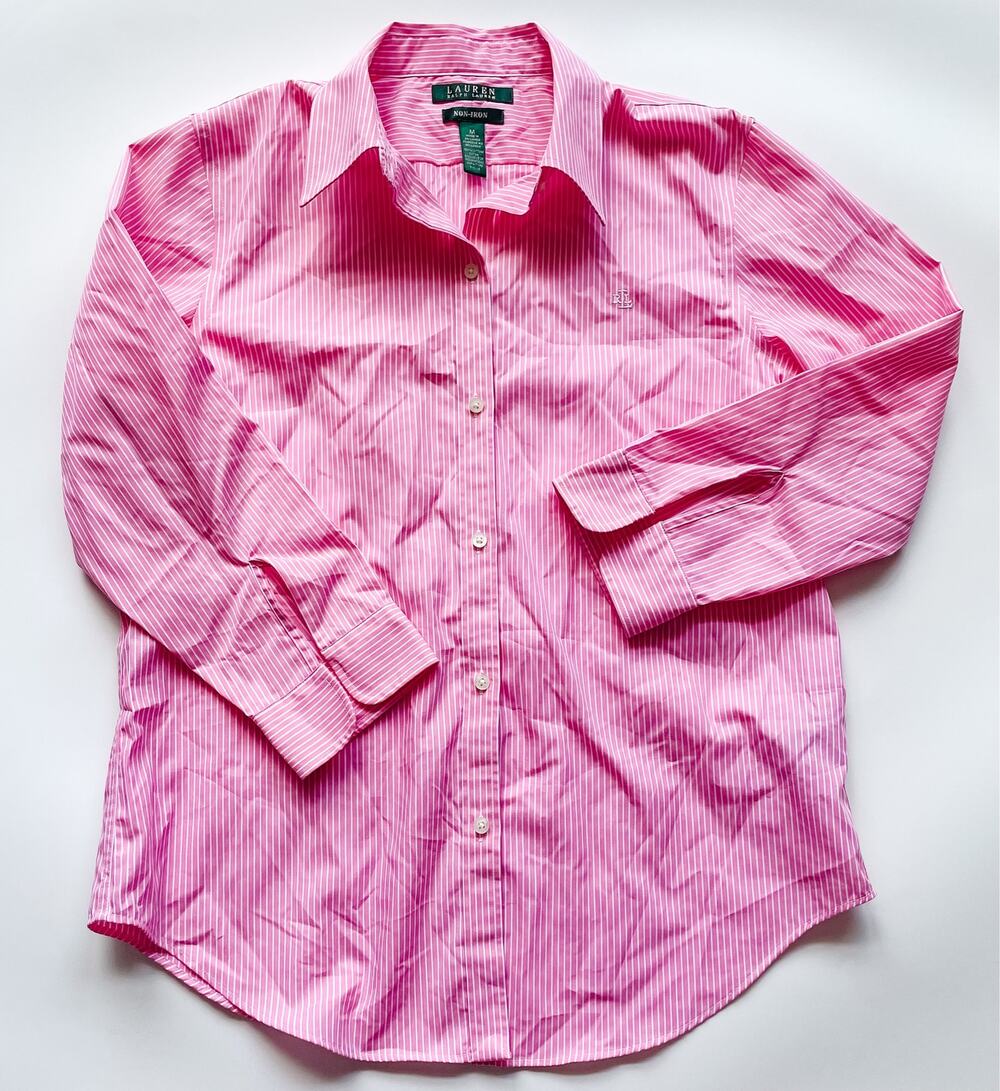 Lauren Ralph Lauren Pink and White Stripe Button Down Preppy Size Medium